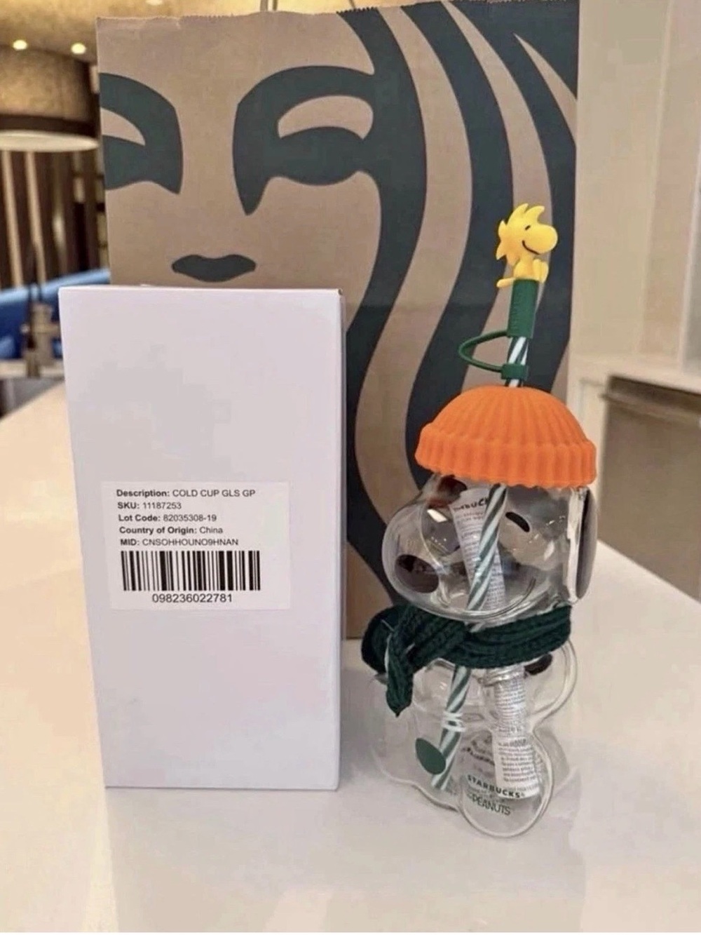 Starbucks Clear Bear Glass Cold Cup with Orange Lid and Green Accents
